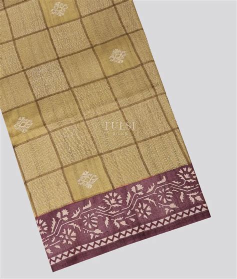 Buy Greenish Beige Tussar Kantha Work Saree T692618