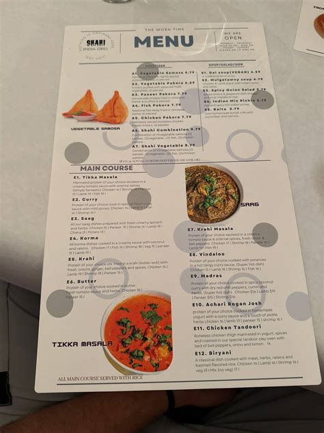 Menu at Shahi India Grill restaurant, Sioux City