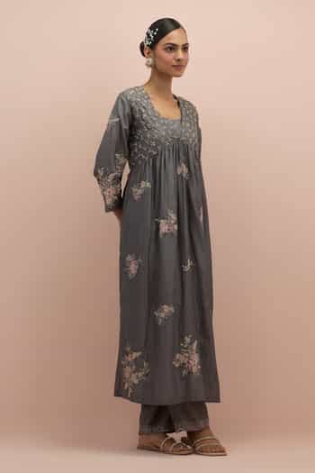 Buy Grey , Organza Beads, Embroidery Floral Embellished Anarkali Pant ...