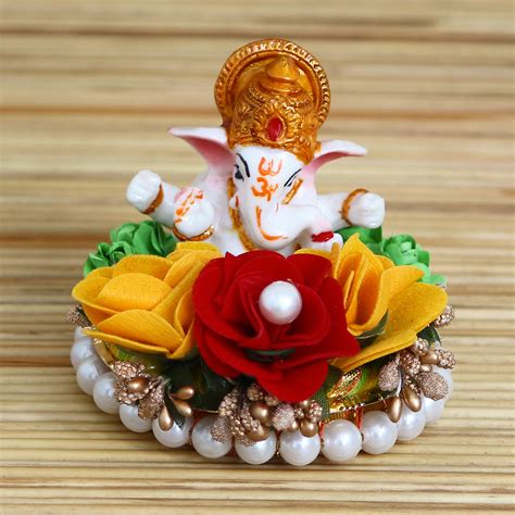 Lord Ganesha Idol on Decorative Handcrafted Plate with Colorful Flowers ...