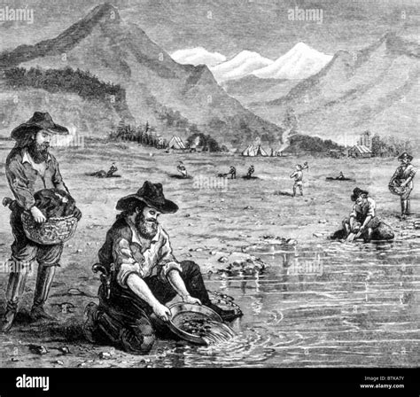 The Gold Rush, panning for gold in California, 1849, engraving 1891 ...