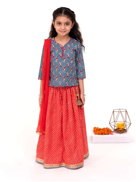 Campana Girls Koel Lehenga Set - Floral Block Print - Grey and Red ...