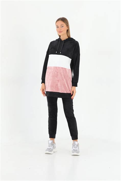 Black French Velvet Hooded Tracksuit - Westbound | ElbiseBul