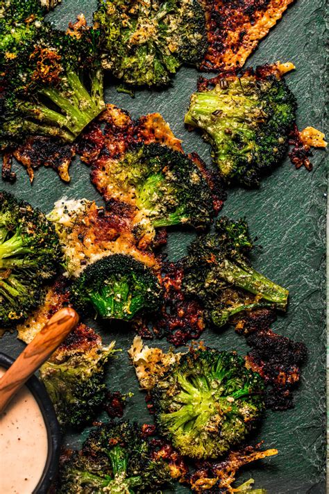 Crispy Smashed Broccoli with Parmesan + Sriracha Ranch