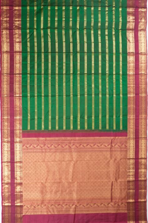 Kanchipuram Silk Lines Green Saree With Rettai Pettu