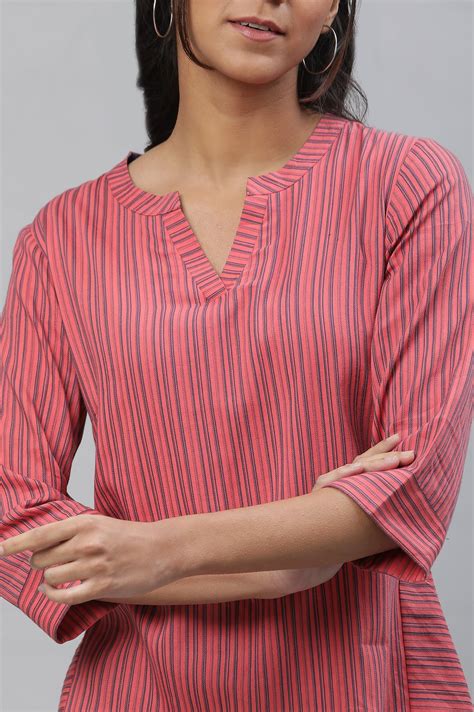 Buy Pink V-Neck Short Rayon Kurti with Blue Stripes Online for Woman ...