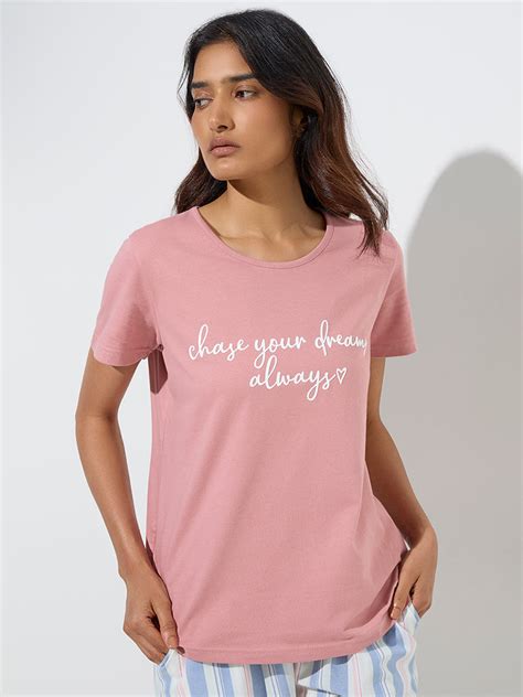 Buy Wunderlove Blush Pink Text Printed Cotton T-Shirt from Westside