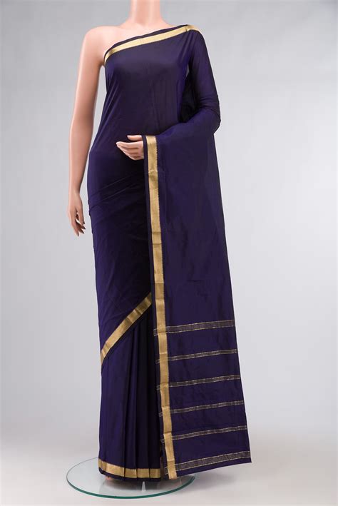 Navy Blue Bangalore Silk Saree with Sleek Zari Border – Nalli Silk ...