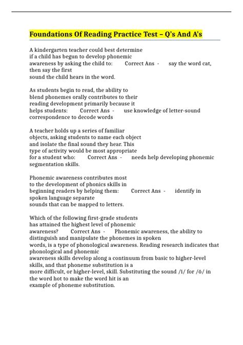 Foundations Of Reading Practice Test – Q’s And A’s - FORT - Stuvia US