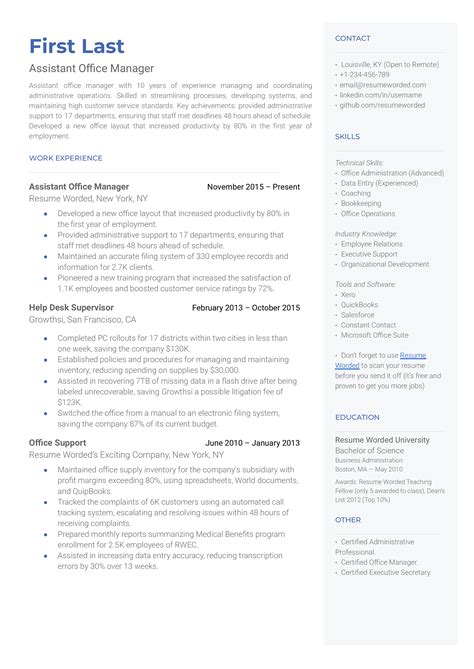 13 Office Manager CV Examples for 2026 | Resume Worded