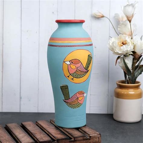 Buy VarEesha Chiraiya Pastel Blue Terracotta Vase | Living Room and ...