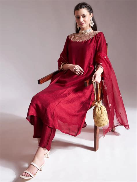 Maroon Embroidered Kurta With Pant And Dupatta Comes With Cotton Linin ...