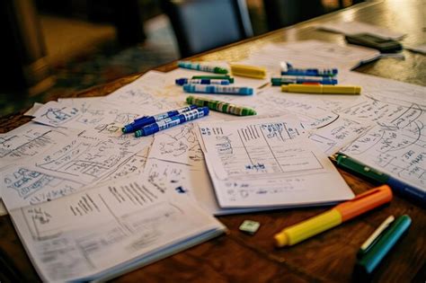 A cluttered workspace with notes sketches and colorful markers for ...