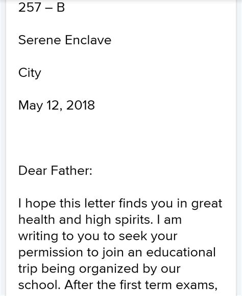 write an email to your father asking his permission to go on ...