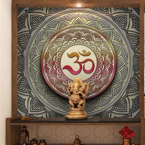 Colourful Om In Classic Pattern Pooja Room Wallpaper – Myindianthings