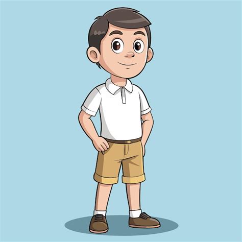 Cartoon vector illustration of young man in khaki shorts and white polo ...