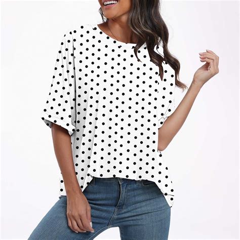 hxobax Womens Polka Dot Shirts Summer Plus Size Crewneck Tops Teen ...