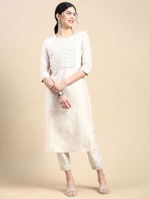 Buy Styli Cream Yoke Embroidered Viscose Blend Festive Kurta with Pant ...