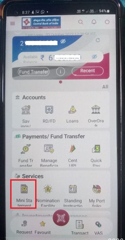 How to view Central Bank account statement on mobile?