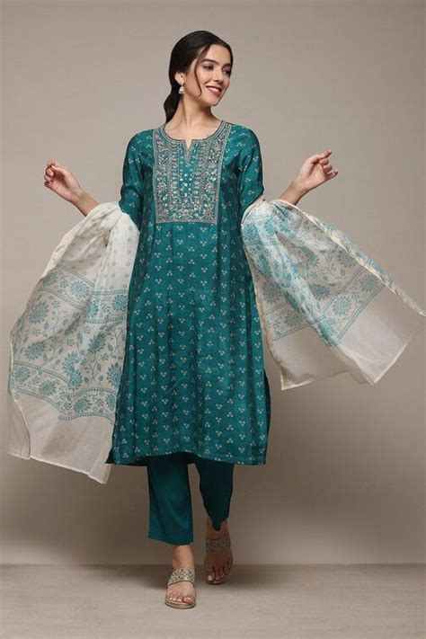 Peacock Green Modal Straight Kurta Slim Pant Suit Set at Biba India