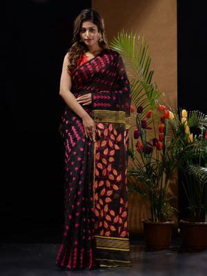 Buy CHARUKRITI Black Handwoven Saree with Geometric Designs & Foliage ...