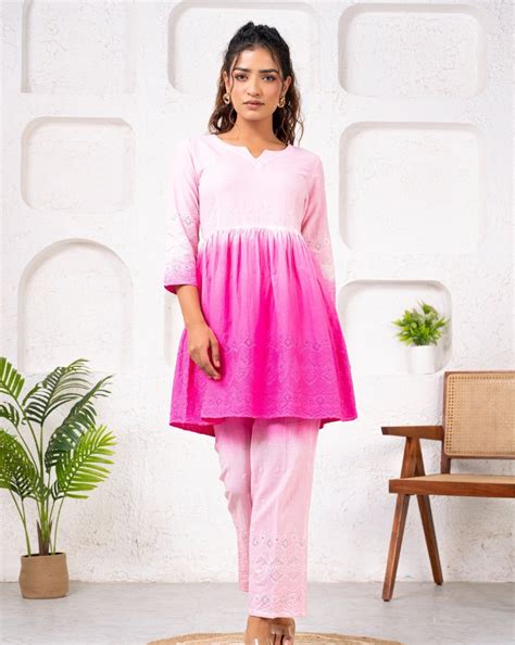 Cotton Shiffli Ombre Pink Co-ord Set – Showshaa