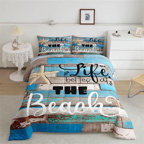 YST Beach Life Comforter Set Full Size,Blue Farmhouse Wooden Bedding ...