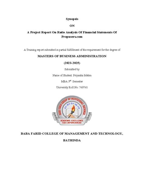Project report on ratio analysis of financial statements - Synopsis ON ...