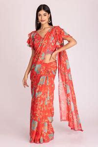 Buy Red Organza, Crepe Sequins Floral Print Saree With Unstitched ...