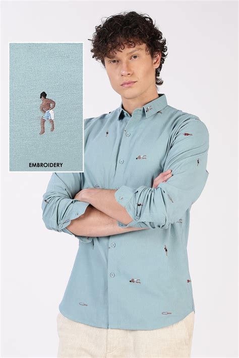 Buy Aqua Beach Motif Cotton Regular Fit Sky Blue Embroidered Shirt ...