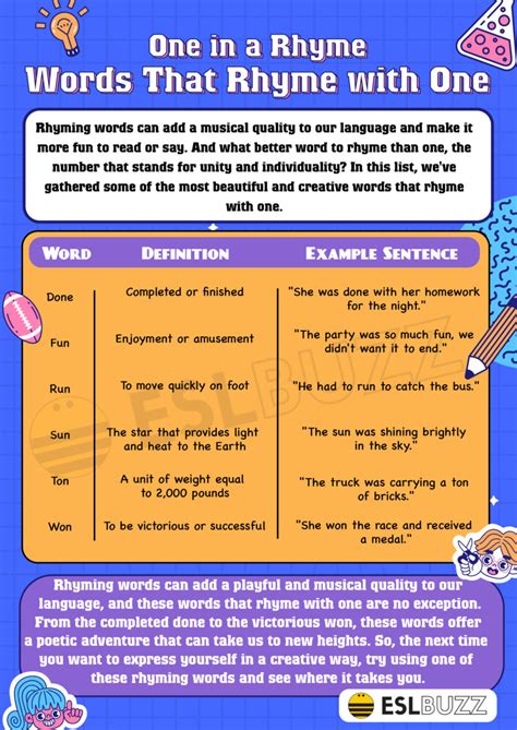 Words that Rhyme with One to Master English Rhyming - ESLBUZZ
