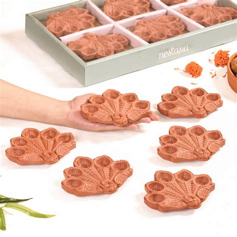 Peacock Feather Engraved Terracotta Diyas Set Of 24 Online - Premium ...