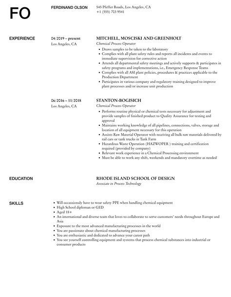 Image result for Process Operator Resume Sample