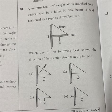 A uniform beam of weight W is attached to a vertical wall by a hinge H ...