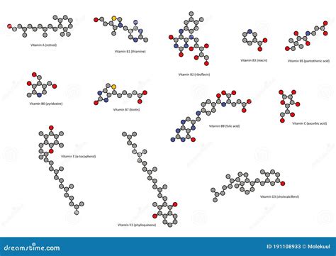 Vitamins (all Except Vitamin B12), Chemical Structures: Vitamin a, B1, B2, B3, B5, B6, B7, B9, C ...