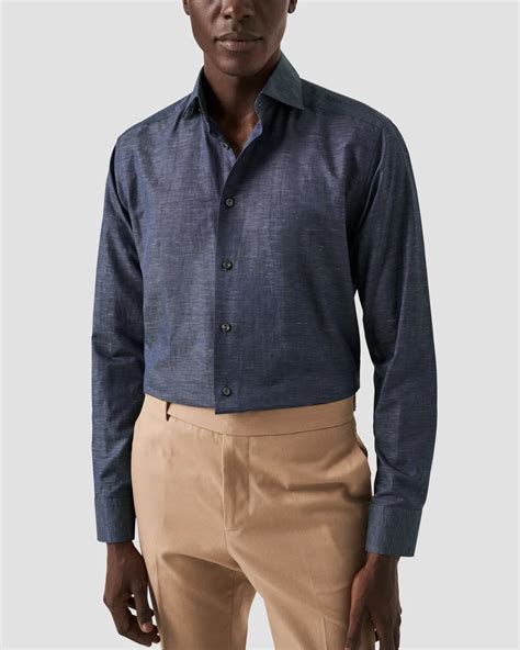 Navy Wrinkle Free Cotton Linen Shirt - Eton