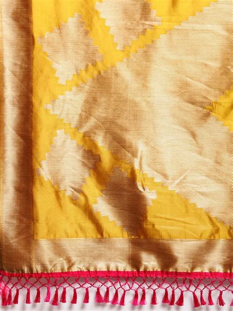 Buy vastranand Pink & Mustard Yellow Silk Blend Woven Design Banarasi ...