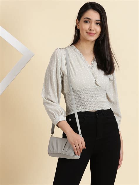 SHOWOFF Women's Printed V-Neck Sea Green Cinched Waist Crop Top