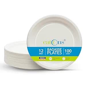 EATONS 12 inch, 100 Pack Disposable Bagasse Plates | Eco-Friendly ...