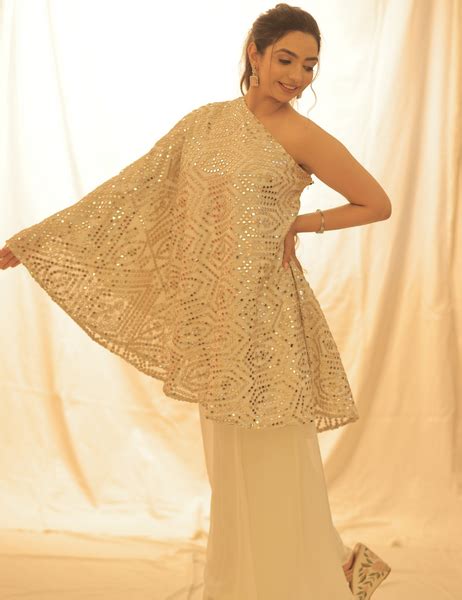 Ivory/White one shoulder mirrorwork cape pant set – StudioS
