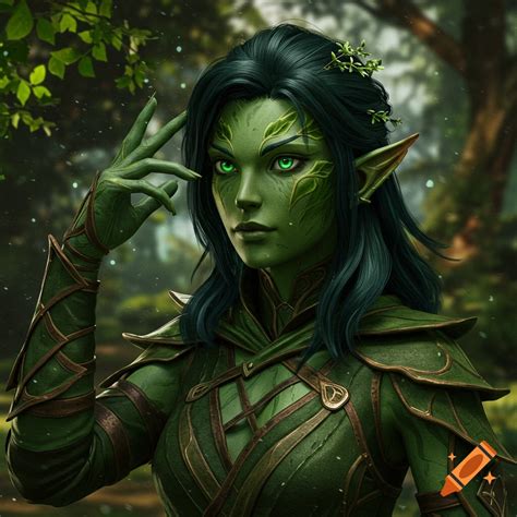 Close-up digital painting of a green-skinned elf with long green hair ...