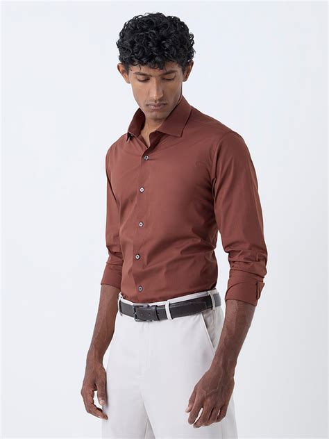 Buy WES Formals Brown Solid Ultra Slim Fit Cotton-Blend Shirt from Westside