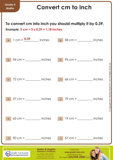 Centimeters to inches worksheet | Grade1to6.com