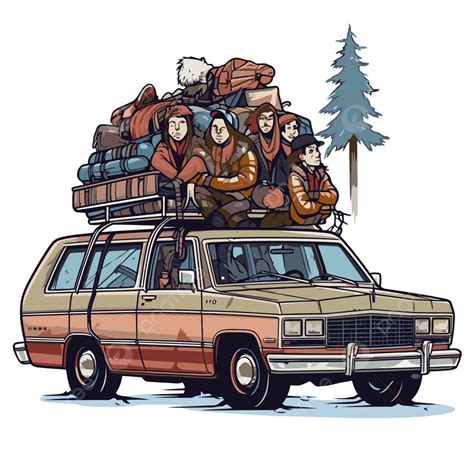 Christmas Vacation Scene With Tree On Car