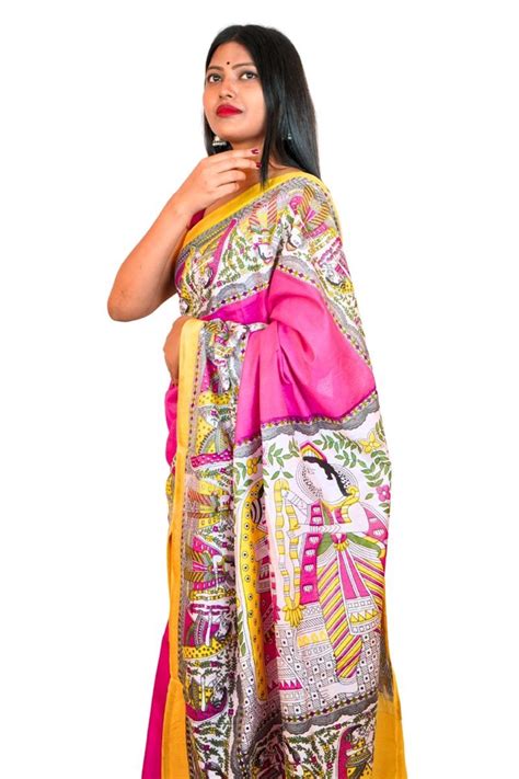 Bihar Khadi. Pink Color Madhubani Painting Print Saree