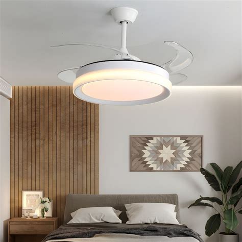 Modern White Ceiling Fan with Retractable Blades and Remote Control LED ...