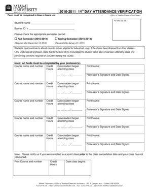 Fillable Online 2010-b2011b 14 day attendance verification - Miami ...