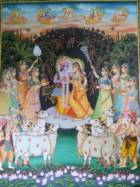 "Krishna Radha With Cows": Yellow Orange Tribal Painting by Rajendra ...