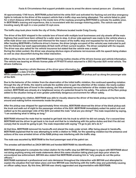 Breaking: PC affidavit released from Zach Bryan arrest : r/ProtectAndServe