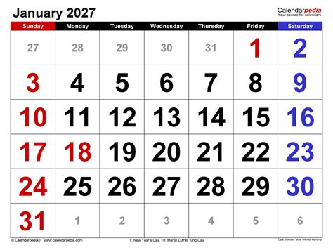 January 2027 Calendar | Templates for PDF, Excel and Word